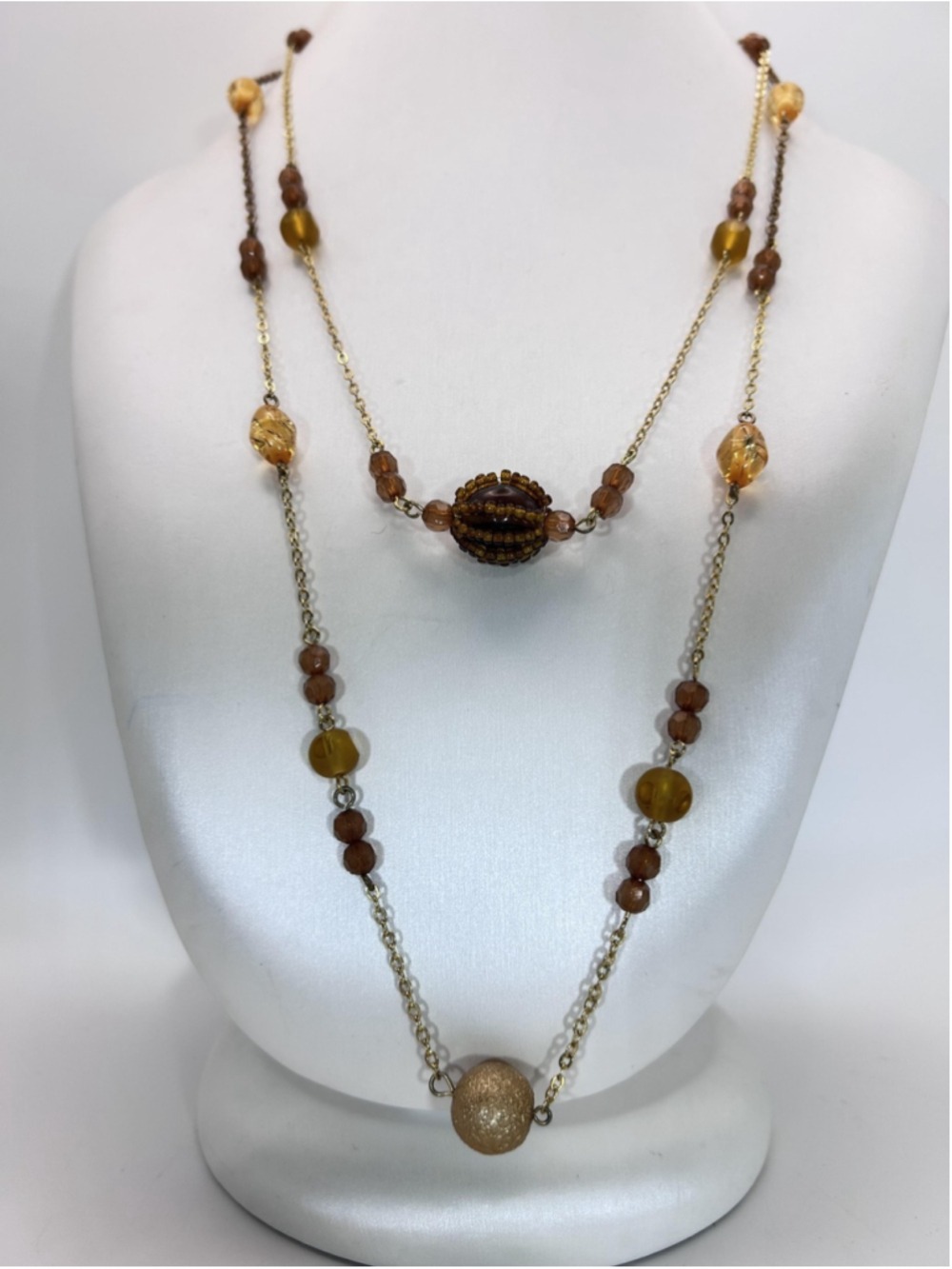 Necklace Gold Tone Brown Beaded Layered Station Chain Lobster Clasp Statement